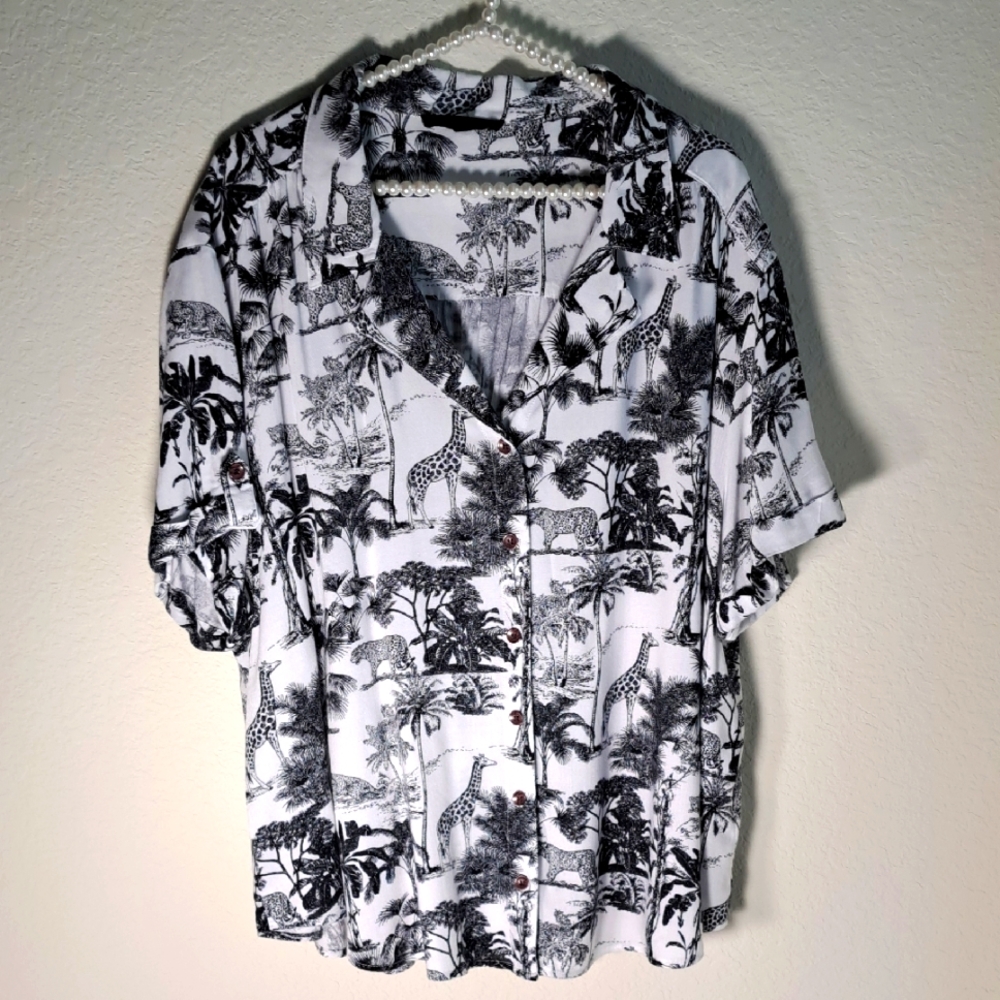 Jane+Delancey Top Plus Sz 2X Women’s Button Up Blouse Animal Print Black White